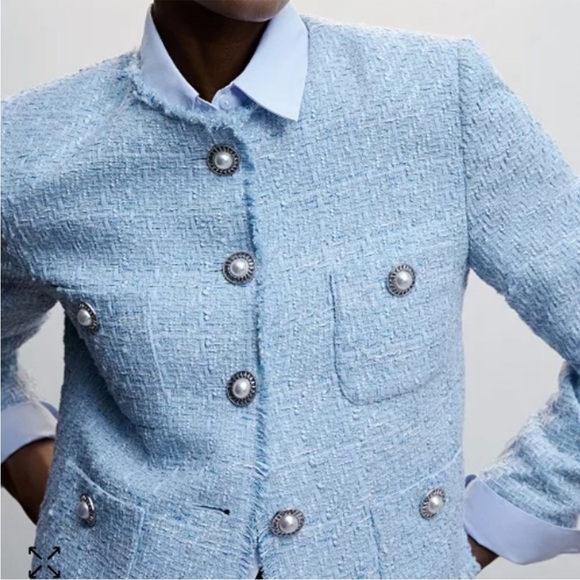 Mango Blogger Favorite Pocket Tweed Jacket Light Blue Pearl Buttons NWT Size XL - Picture 5 of 12